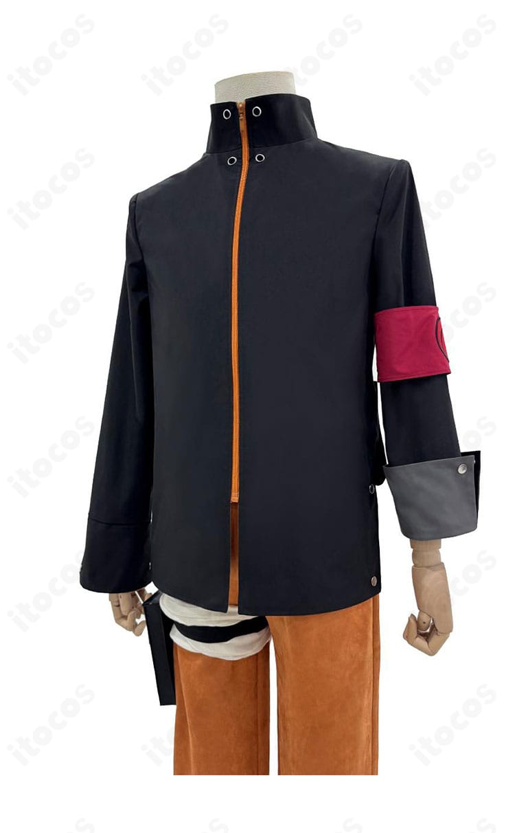 うずまきナルト コスプレ衣装の右側面。サイドのライン、太もも飾りの位置、動きやすい丈感を示すアングル。