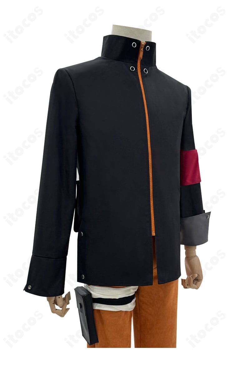 うずまきナルト コスプレ衣装の左側面。腕章やサイドシームの処理、ポケット位置の見え方を捉えた詳細画像。