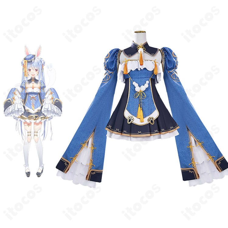 兎田ぺこら キョンシー衣装の全身正面とキャラクター比較。札意匠の帽子とフリンジまで高再現のコスプレセット