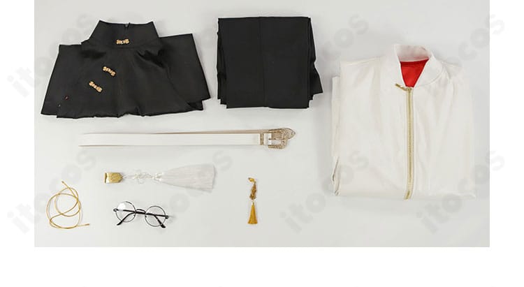 極楽街 タオ 衣装セット内容一式。コート・トップス・ズボン・ベルト・メガネ・耳飾り・腰飾りを配置