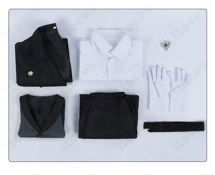 セット内容一式のレイアウト。コート・シャツ・ベスト・ズボン・ネクタイ・手袋・胸飾りの7点が一目でわかる画像。