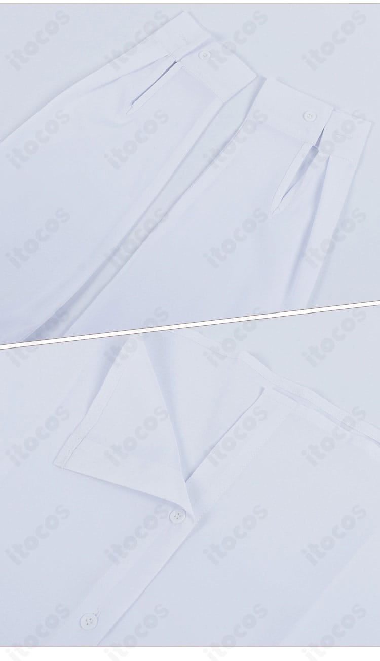 セバスチャンのシャツディテール。襟の形状、カフス、縫製の丁寧さを示すクローズアップ。