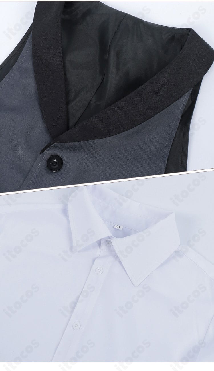 シャツとベストの正面細部。生地の質感、前立て、ボタンの配列が見えるディテール画像。