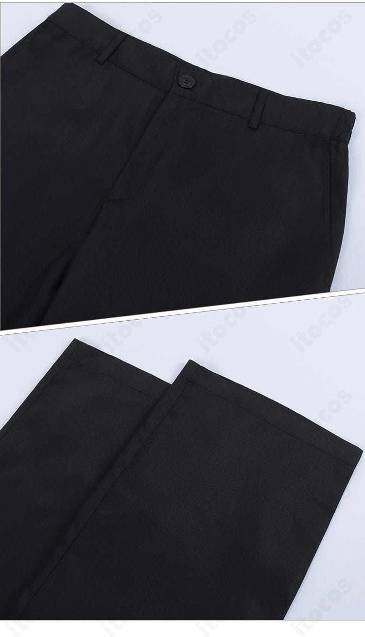 ズボンのディテール。センタープレスと生地厚、ウエスト周りの縫製で端正なフォルムを表現。