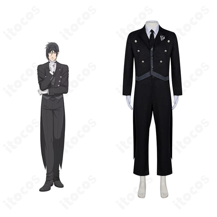 セバスチャン・ミカエリス（黒執事）緑の魔女編コスプレ衣装の正面とキャライメージ比較。黒のフォーマルデザインを高再現。