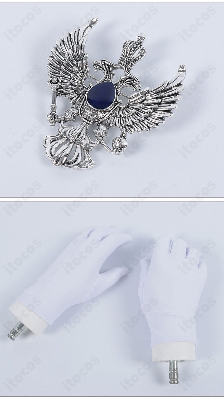 胸飾りと手袋の装飾細部。質感の良い素材と仕立てで上品なアクセントを強調。