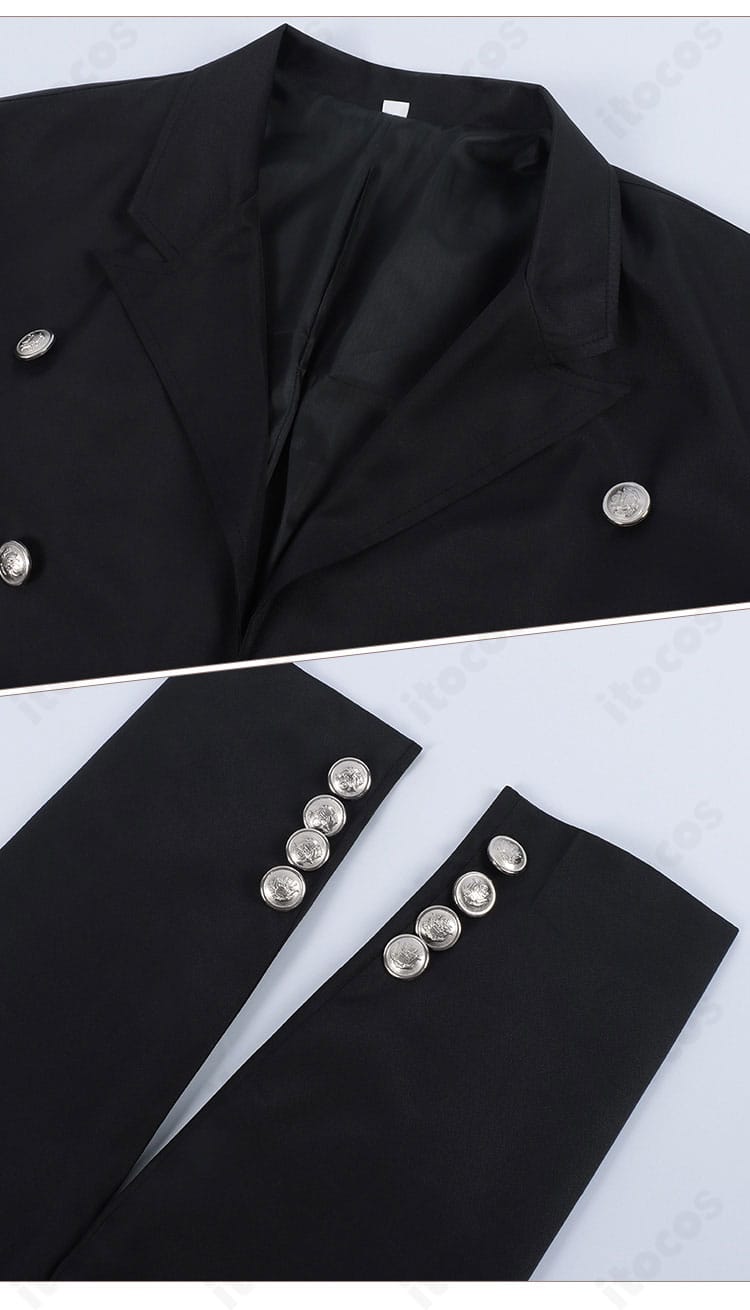 セバスチャンのコート装飾ディテール。襟まわりと刺繍、ボタン配置の上品な意匠をクローズアップ。