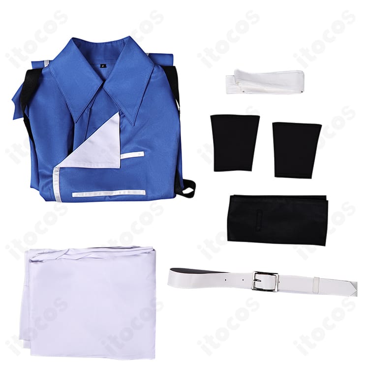 セット内容一式。トップス・ズボン・ベルト・リストバンド・帯・髪飾りの6点を並べた全体画像