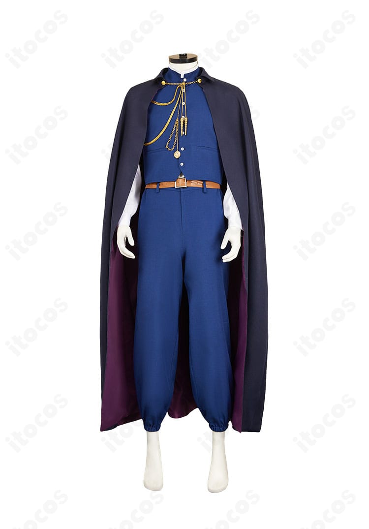 森蘭丸コスプレ衣装の正面全体。トップスのラインとベルトの配置、配色の忠実な再現が確認できる画像