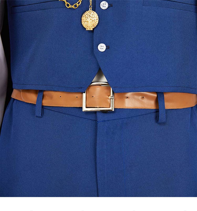 森蘭丸コスプレ衣装の腰ベルト装飾アップ。質感ある素材感と留め具の造形が分かる画像