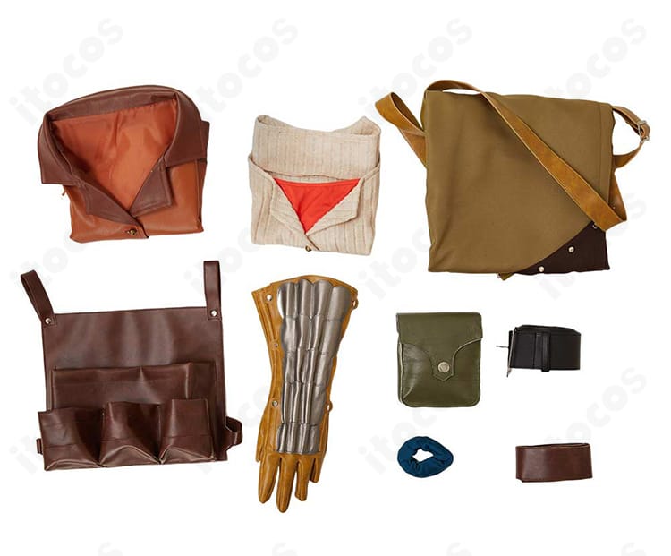 ジェマコスチュームのセット内容一覧。コート、ズボン、インナー、ウエストポーチ、手袋、ベルト、髪飾りを表示。