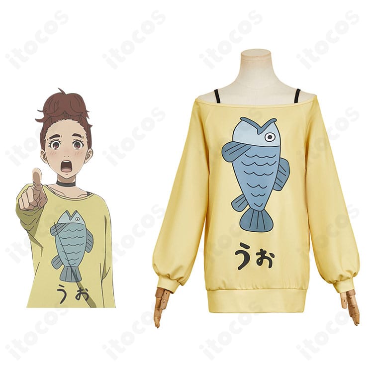 商品正面と綾瀬桃の比較画像。ダンダダンの学園制服トップスを忠実に再現したフロントデザインがわかる構図。