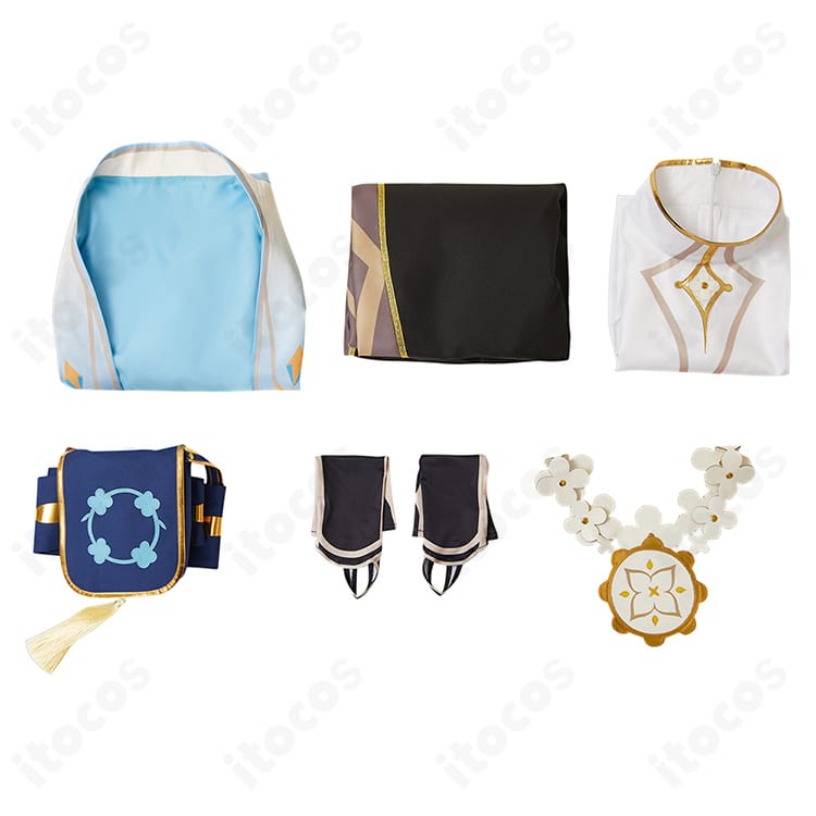 原神 空（Aether）花の騎士 セット内容一式。上着・ズボン・コルセット・手袋・インナー・ネックレスを整然と配置。