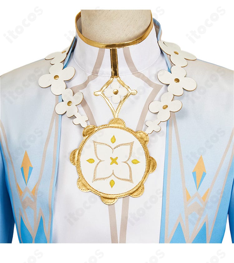 原神 空（Aether）花の騎士 ネックレスと襟元のクローズアップ。精緻なモチーフと縁取りが特徴。