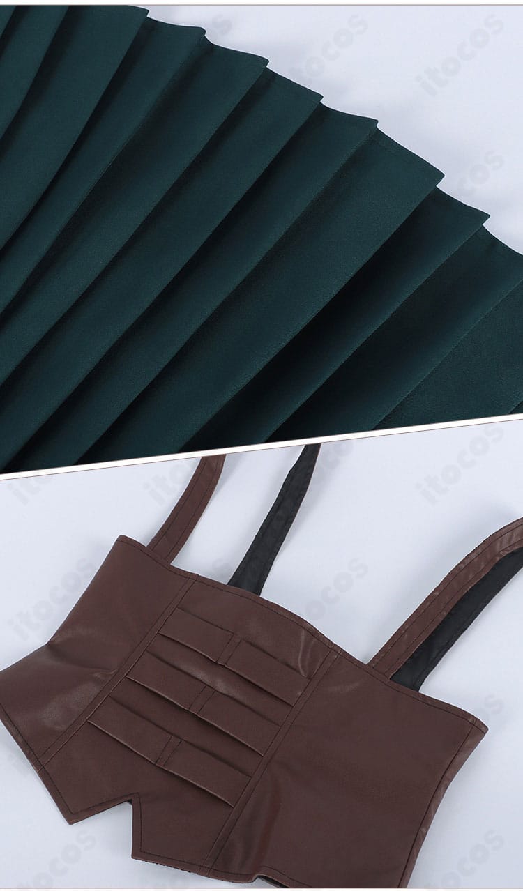 スカートの裾とコルセット風ベルトの接写 プリーツとエッジの仕上げが分かる画像