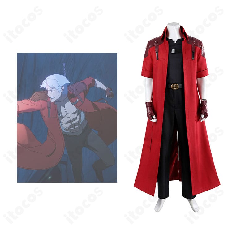 デビル メイ クライ ダンテ衣装の正面とキャラ比較画像。赤いロングコートの再現度を確認できます。