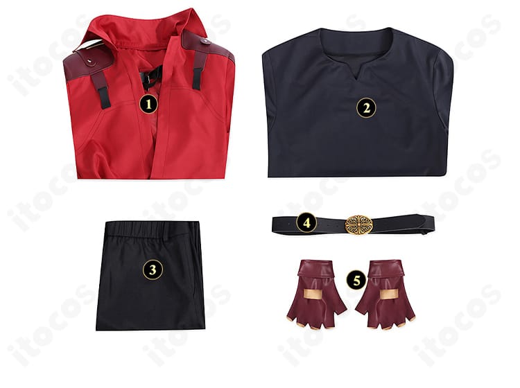 セット内容一覧。コート、インナー、ズボン、ベルト、手袋の構成を一目で確認。