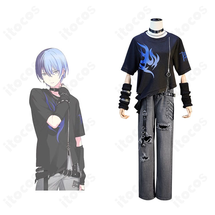 プロジェクトセカイ 青柳冬弥 見えずともそこにあるもの衣装の正面とキャラクター比較。色味と装飾の一致度が分かるイメージ。イベント・撮影向け。