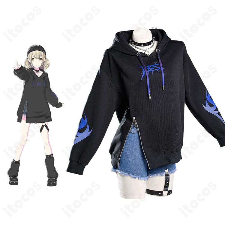 商品正面と小豆沢こはねのビジュアルを並置した比較画像。『相応しくあれるように』衣装の配色とシルエット再現を確認できる正面全身。