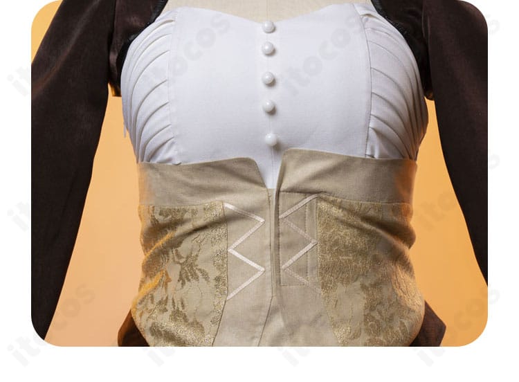 ウエスト飾りのディテール。コルセット風ベルトと金具装飾の質感が分かるセレス衣装。