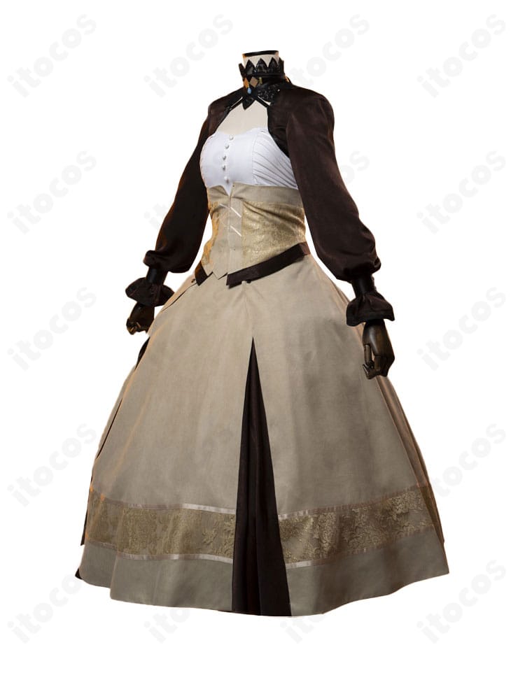 側面写真。コートの落ち感とハーフスカートのライン、ウエスト装飾の立体感を示すセレス衣装。