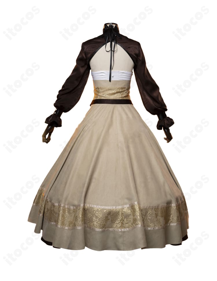 背面写真。コート後ろ姿の切替と裾の広がり、背面開閉位置が分かるセレス衣装。