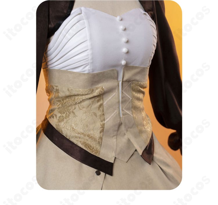 腰部アクセサリーの接写。重ね飾りの立体構成とステッチの精度が際立つセレス衣装。