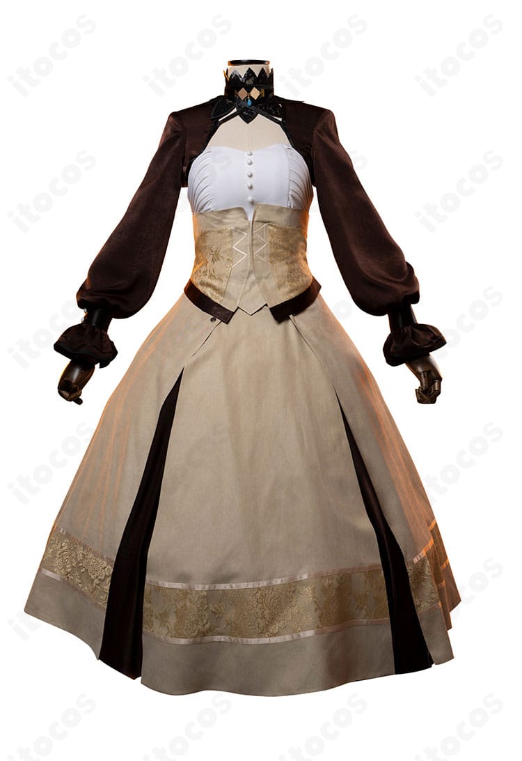 正面全体写真。コートとワンピースのレイヤー、胸元から裾までのシルエットが分かるセレス衣装。