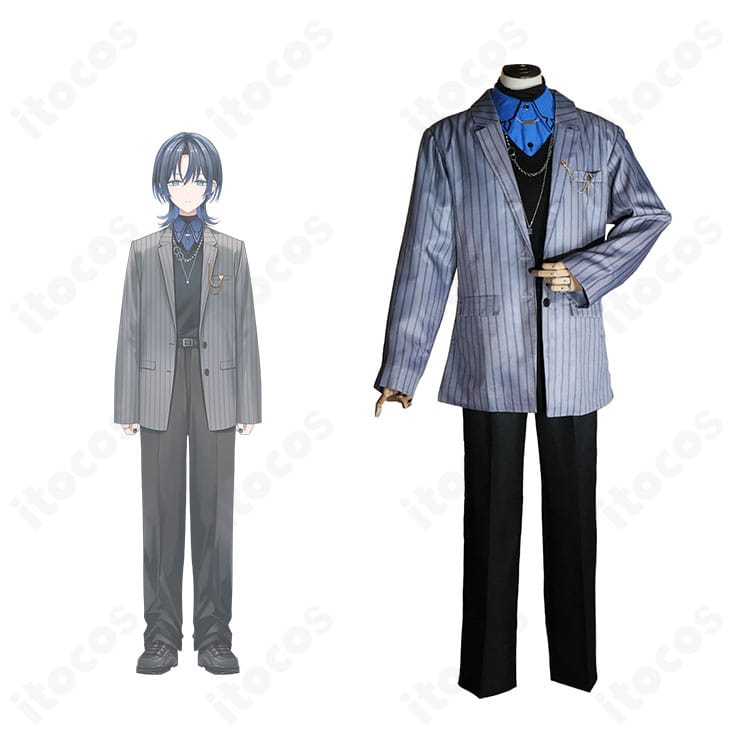 火威青の公式ビジュアル風合成と衣装正面を並置した画像。コートと襟元装飾を忠実再現したクールなデザインを確認できます。