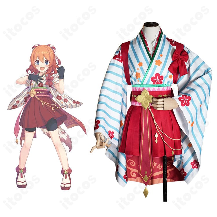 プリコネR ムイミ 正月ver. 和装コスプレの正面全体と公式イラストの比較。高発色の赤×金配色と刺繍を忠実再現。