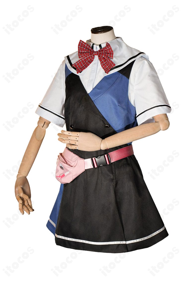 美浜学園制服の左側面。スカーフのボリュームと袖のラインが見える構図で、キャラクターらしいシルエットを表現。