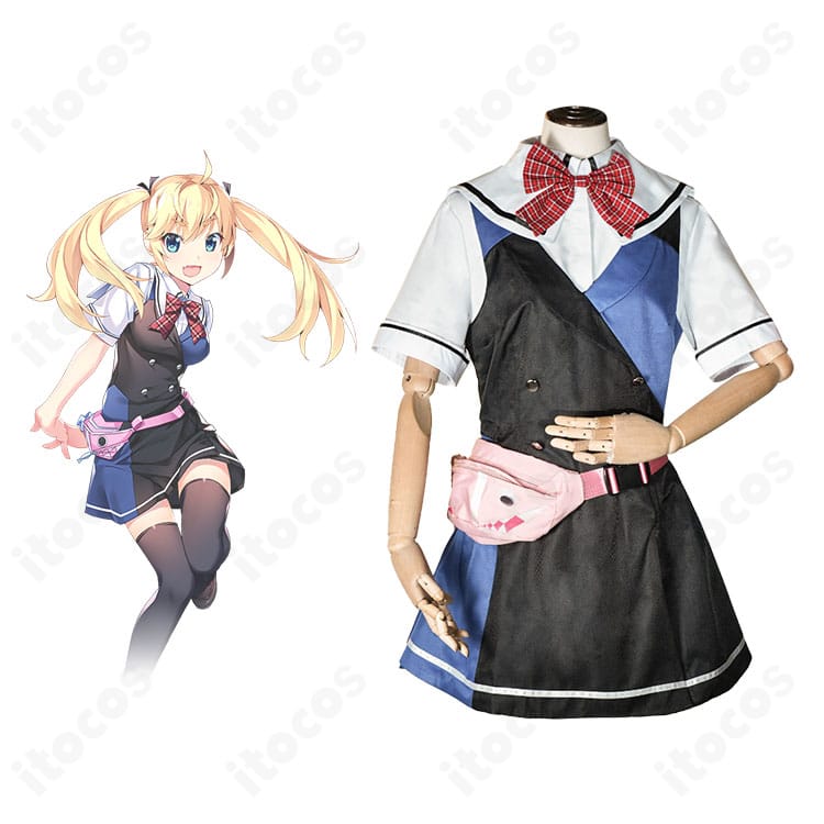 商品正面と松嶋みちるの比較画像。美浜学園制服のフロントデザインとスカーフ、ウエストポーチまで忠実に再現したコスプレ衣装の全体像。