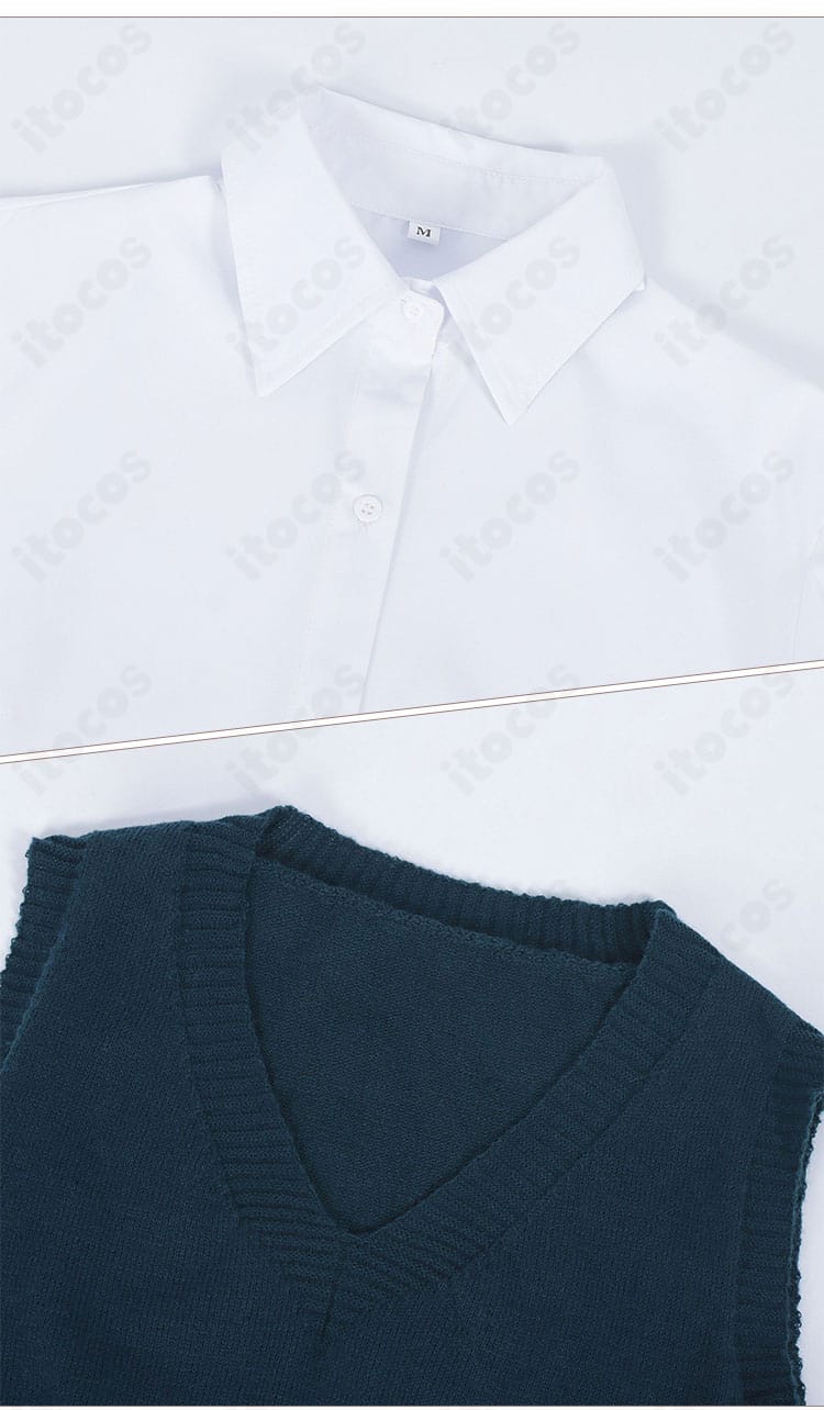 シャツとベストの細部。襟の形状、ボタン位置、Vネックのリブ仕上げなど縫製ディテールがわかる。