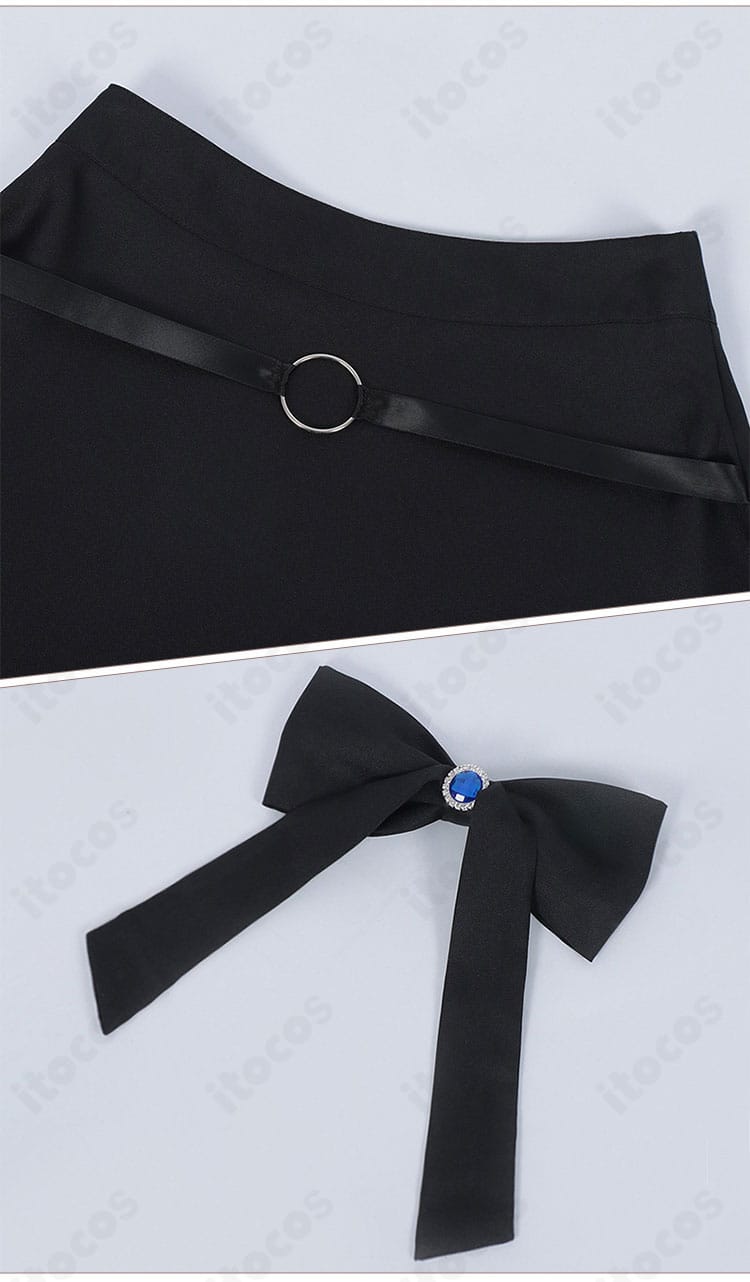 スカートと蝶ネクタイのディテール｜プリーツの表情と蝶ネクタイ形状を写した近接画像