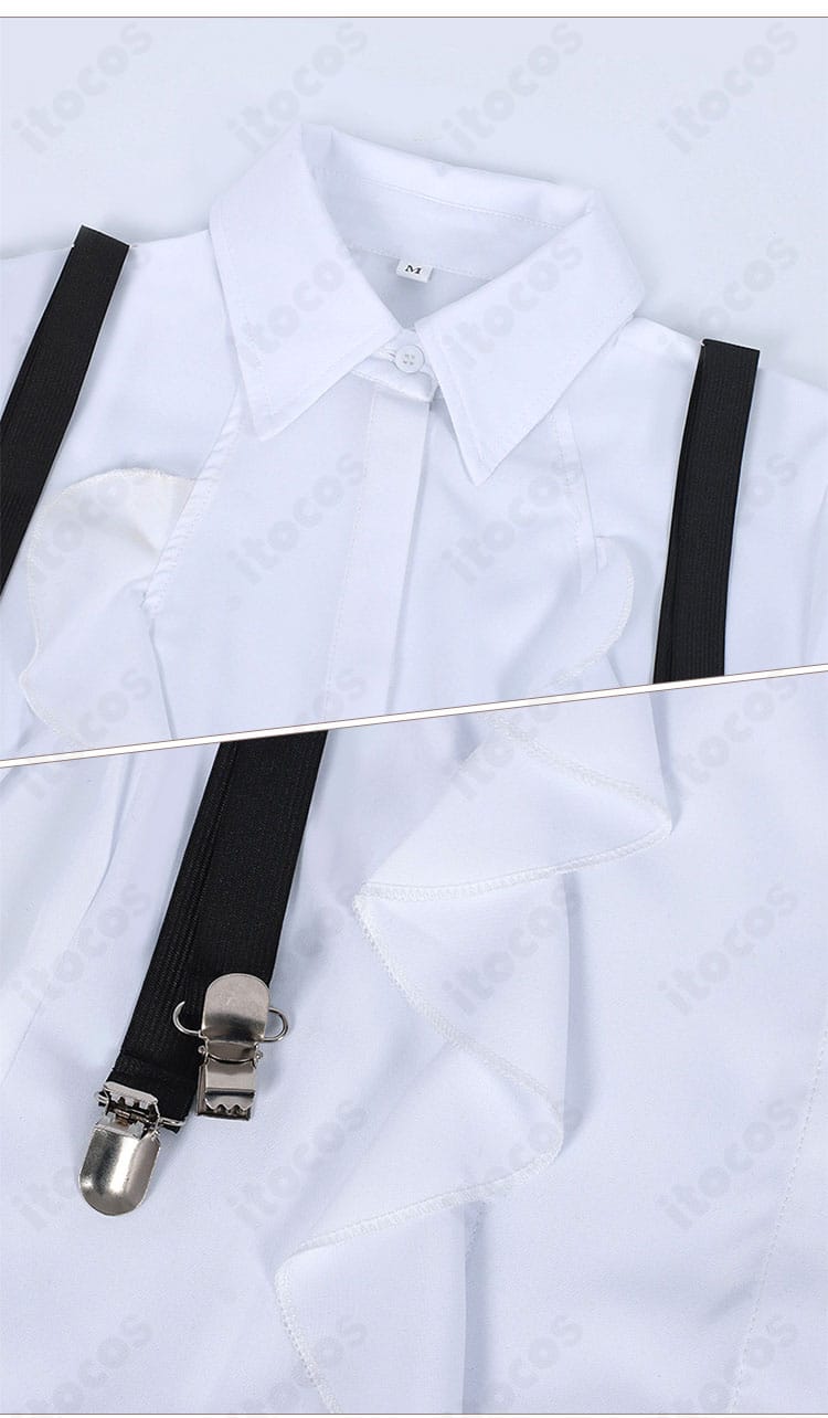 シャツとサスペンダーのディテール｜胸元から肩周りの作りとサスペンダー意匠の近接カット