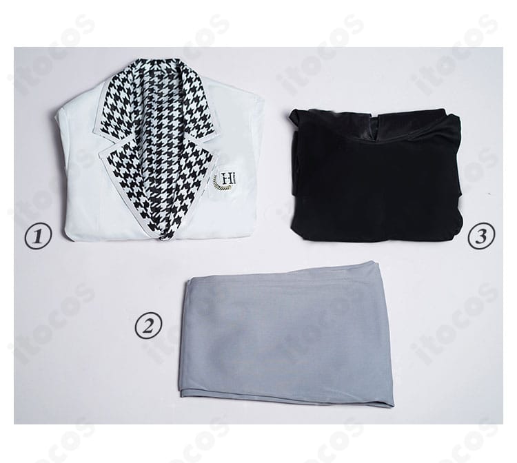 凪誠士郎 白宝高校制服コスプレのセット内容。ブレザー・パーカー・ズボンの3点が並び、素材感と配色のバランスが分かるレイアウト。