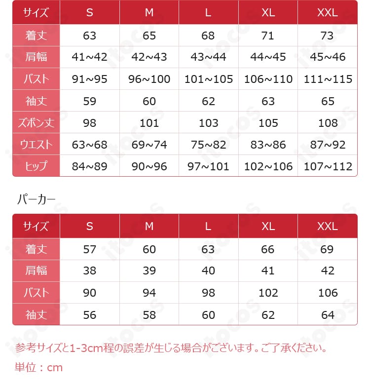 凪誠士郎 コスプレ衣装のサイズ表画像。S～XXLの仕上がり寸法を一覧で表示し、身長や体型に合わせた選び方の目安を示しています。