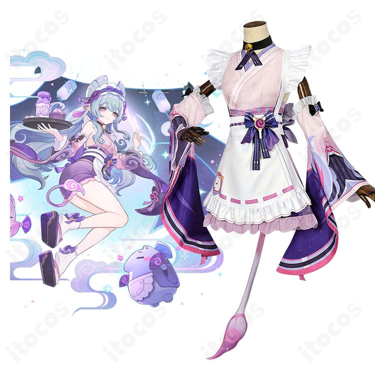原神 夢見月瑞希 コスプレ衣装の正面とキャラクターイメージを並べた画像。耳・尻尾付きの装飾と全体バランスが分かる構図。