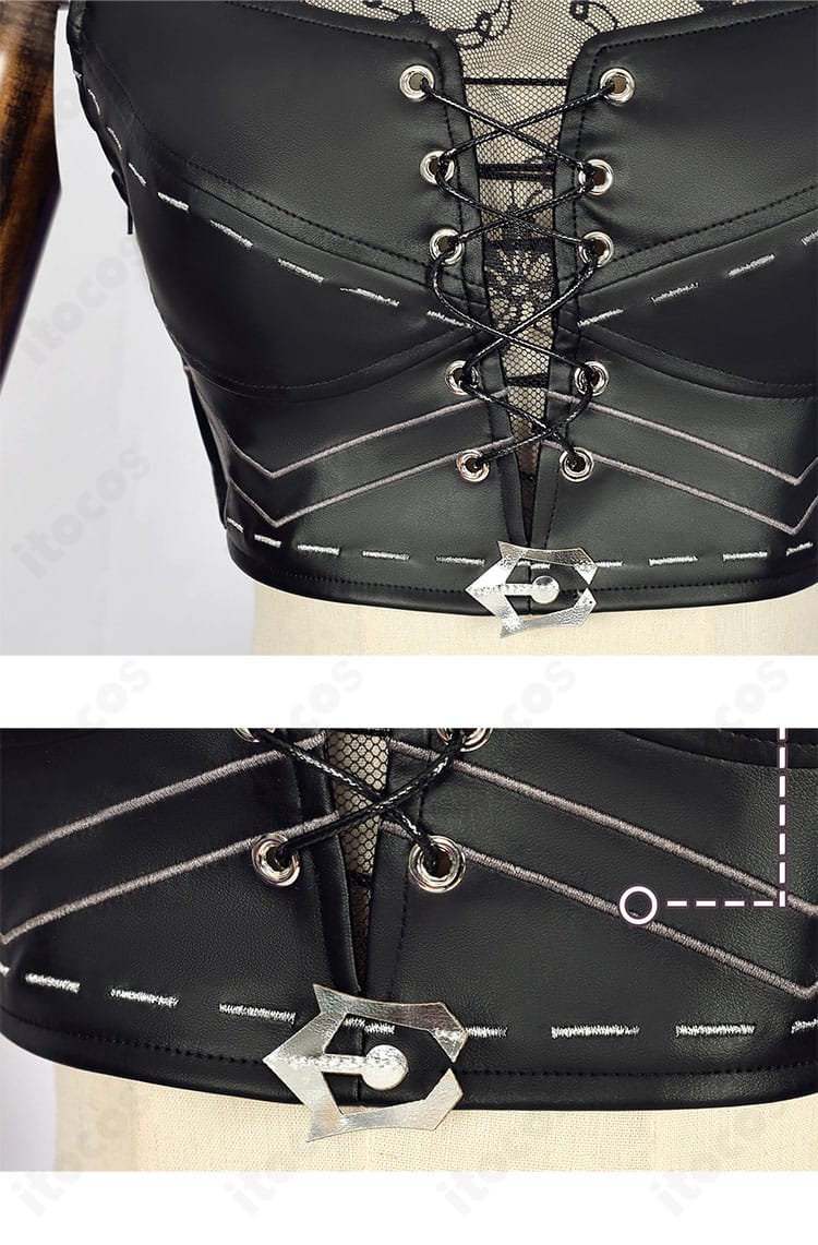 トレイシー・レズニック コス 上衣装飾の詳細。胸元のモチーフとステッチが撮影で映えるデザイン。