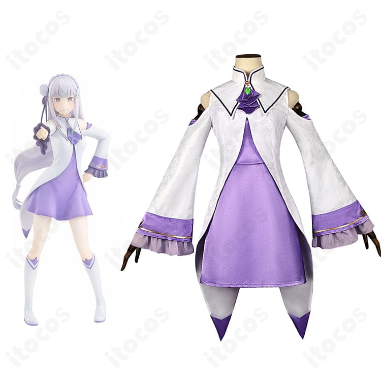 ITOCOS エミリア コスプレ衣装 正面と公式ビジュアル比較。白×薄紫配色と髪飾りまで忠実再現のディテール確認用画像