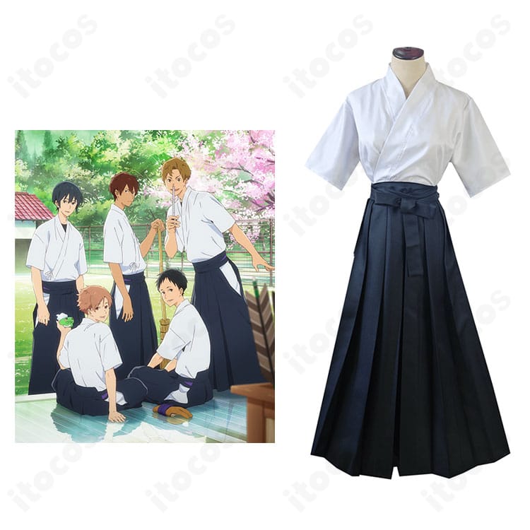 ツルネ 藤原愁の弓道着コスプレ衣装をキャラクターと比較した正面画像。襟線と袴のボリュームを忠実に再現した高精度モデル。