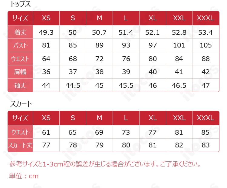 サイズ表。XS〜XXXLの寸法対応を一覧で示し、適切なサイズ選びをサポートする画像。