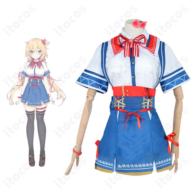 赤井はあと通常衣装のコスプレ一式とキャラクターイラストが並ぶ正面カット。スカーフやコルセットまで高再現の仕上がり。