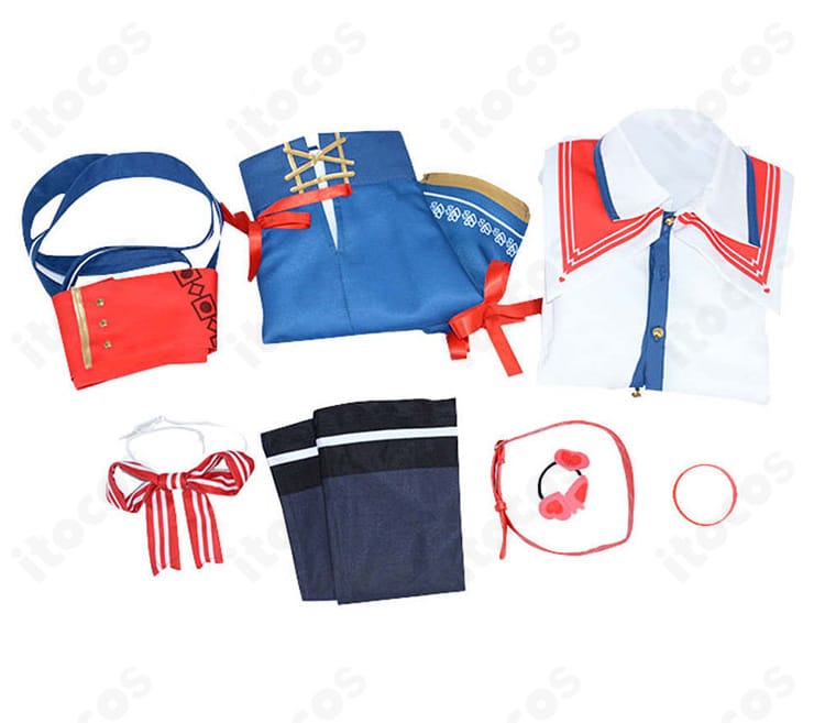 赤井はあとコスプレ衣装のセット内容一式。トップス、スカート、靴下、スカーフ、太もも飾り、手首飾り、コルセットベルトを展開。