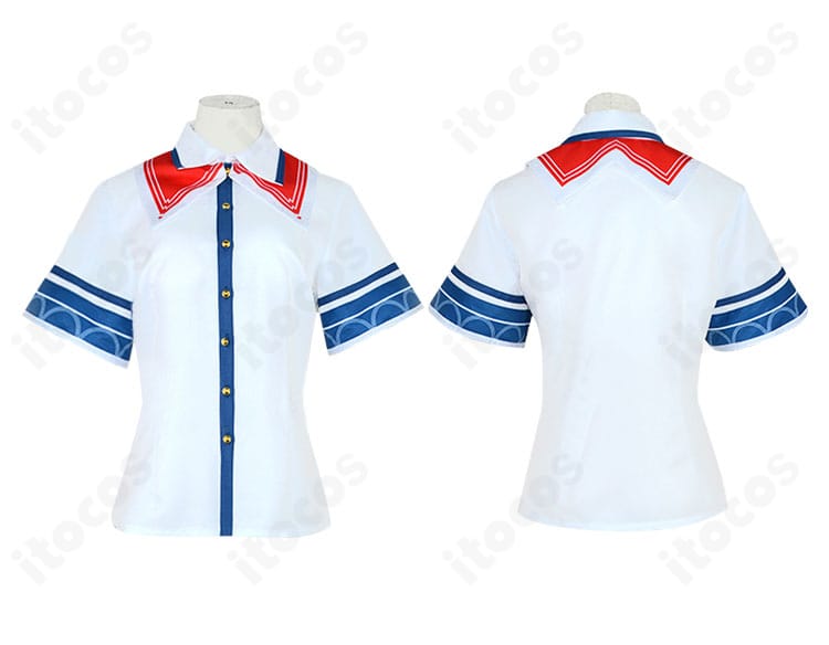 赤井はあとコスプレ衣装の細部クローズアップ。スカーフの結び目や飾りパーツの質感を強調。