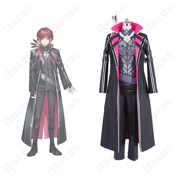 にじさんじ ローレン・イロアス 通常衣装コスプレの正面全体とキャラクターイラスト。コートと装飾を忠実再現したセット一式。