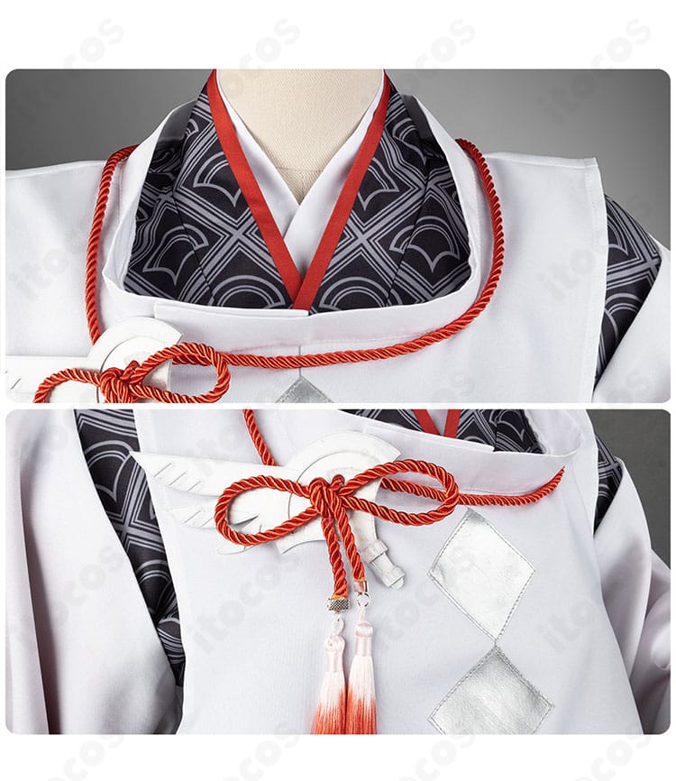 ローレン・イロアス和服の襟と紐装飾のアップ。装飾パーツの質感と配置が分かるディテール画像