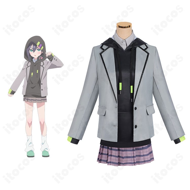 君のことが大大大大大好きな100人の彼女 原賀胡桃の学園制服コスプレ衣装・正面全体。コートとパーカーを重ねた再現度の高いセットの全景