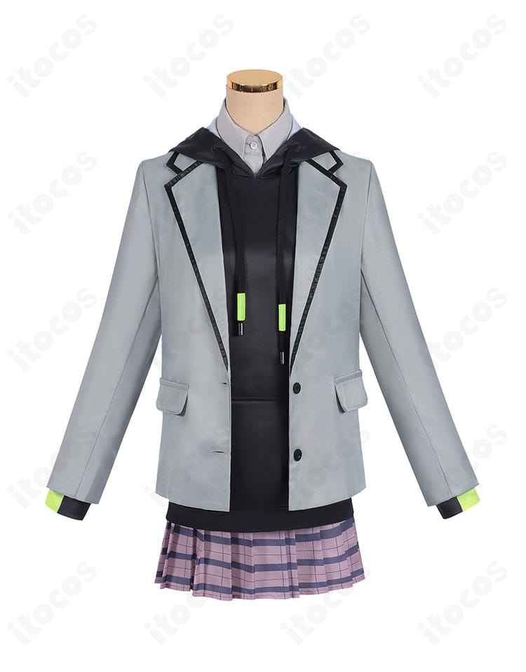 原賀胡桃 コスプレ衣装の正面詳細。コートのラインとシャツ、スカートのバランスが分かる構図