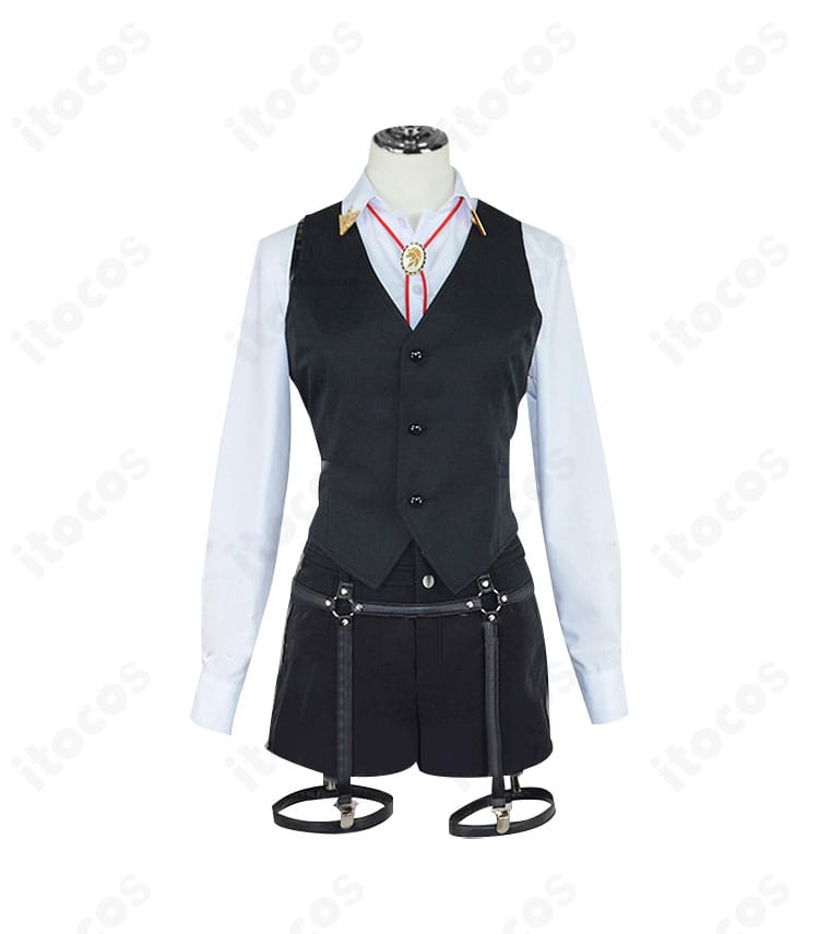 獅白ぼたん ワイシャツ衣装の正面全身。シャツ・ベスト・ショートパンツのシルエットが確認できる画像